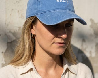 "Salty" baseball cap: Blue cap with embroidered lettering in white