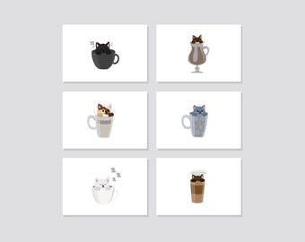 Postcard set “Coffee Cats”: Illustrations of cats in coffee cups