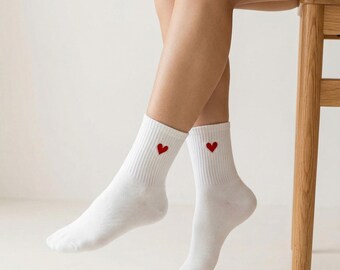 "Heart White" Socks: White socks with red heart embroidery