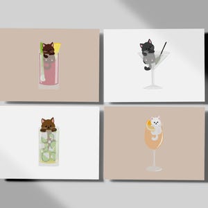 Postkarten Set „Cocktails“ – Cocktail Katze Illustration in Beige | Humorvolle Grußkarte für Katzenfans & Designliebhaber