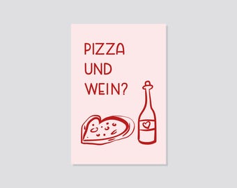 Postcard “Pizza and wine?”: Valentine’s Day card with text and heart