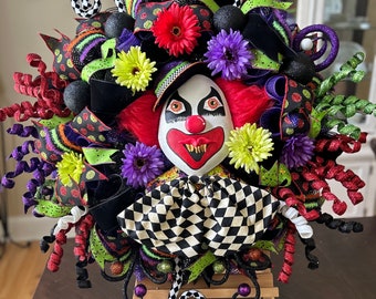 Couronne d'Halloween, guirlandes d'Halloween, couronnes de clowns effrayants, guirlandes de clowns, décoration de clown, couronnes de têtes de mort, décoration d'Halloween, décorations de clowns