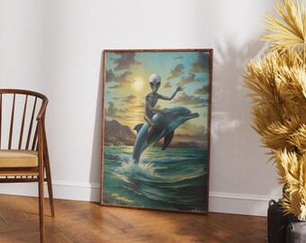 Alien Riding Dolphin - Vintage Wall Art - Trippy Psychedelic Hippy