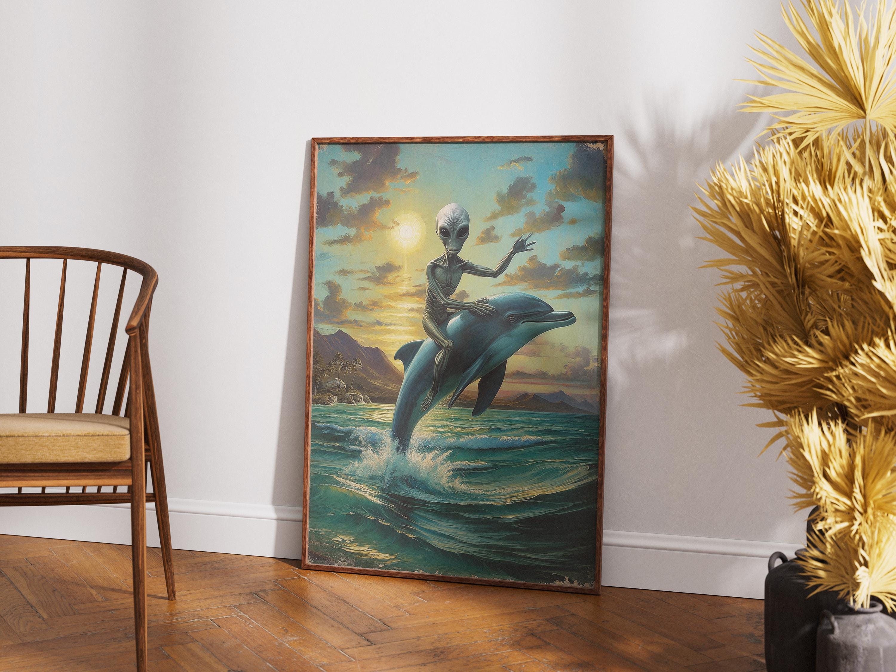 Alien Riding Dolphin - Vintage Wall Art - Trippy Psychedelic Hippy