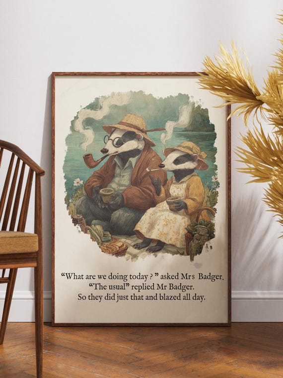 Blazing Badgers - Vintage 420 Weed Wall Art - Funny Woodland Cannabis Poster - Aesthetic Illustration Artwork - Retro Marijuana Wall Decor