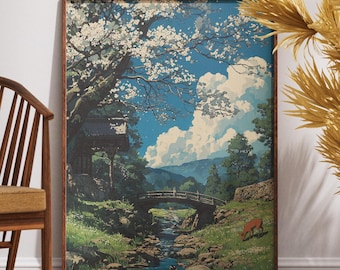 Japanese Garden - Vintage Japanese Wall Art - Nature Poster - Aesthetic Illustration Artwork - Miyazaki Anime Style Garden Japan