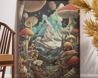Puede incluir: Una impresión artística enmarcada que presenta un paisaje surrealista con una montaña, hongos y planetas. La obra de arte tiene una estética vintage con colores vibrantes, incluyendo rojo, naranja y verde. La impresión se exhibe en un suelo de madera.