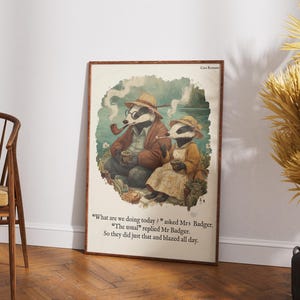 Puede incluir: Una impresi&oacute;n art&iacute;stica enmarcada con una ilustraci&oacute;n caprichosa de dos tejones. Uno fuma en pipa y el otro sostiene una taza. La impresi&oacute;n incluye texto en la parte inferior. La obra de arte est&aacute; sobre un fondo claro.