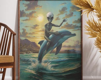 Alien Riding Dolphin - Vintage Wall Art - Trippy Psychedelic Hippy