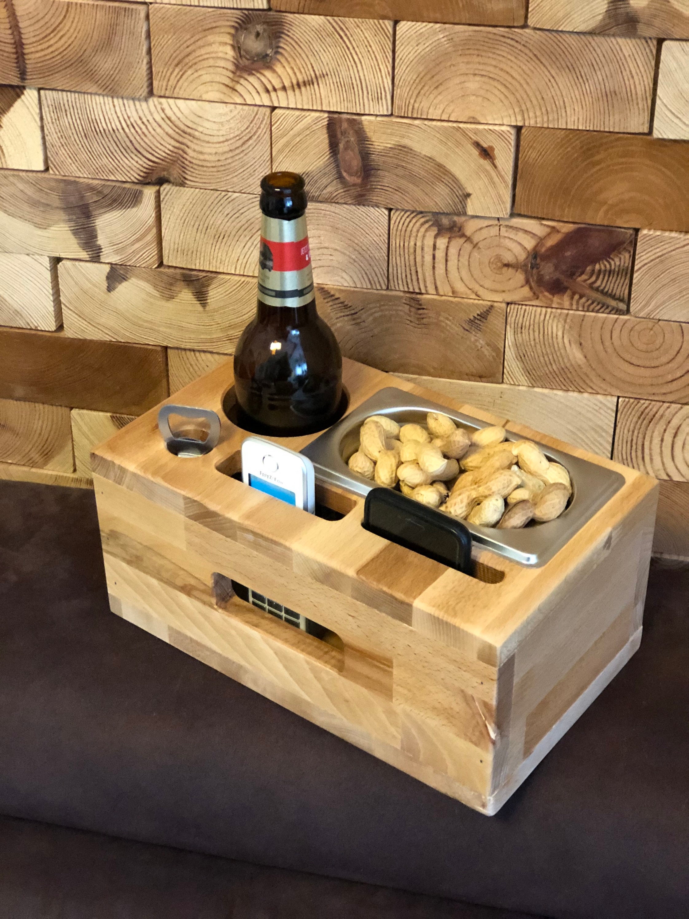 Sofa Tablett - Bier Kiste - Couch Butler - Getränkehalter - Geschenk aus  Eiche cremeweiß NEU