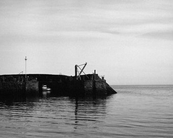 Black and white landscape photograph - Lobster fishing boat in the harbour of Crail, Fife, Scotland