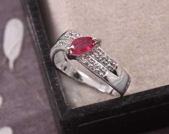 Oval Ruby Ring: Sterling Silver with White Gold Finish