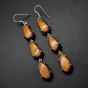 Beautiful Tiger Eye Arring - 12×17 MM long pear caution Tiger Eye 92.5 Sterling Silver- wedding jewelry- Handmade Jewelry, Christmas Gift :)