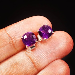 Beautiful Amethyst Studs - 7×7 MM long, cushio Cut Amethyst 92.5 Sterling Silver- wedding jewelry- Handmade Jewelry, Valentine Gift, Gift