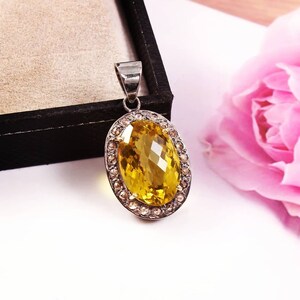 Handmade Lemon Topaz & Diamond Pendant: Oval 925 Sterling Silver