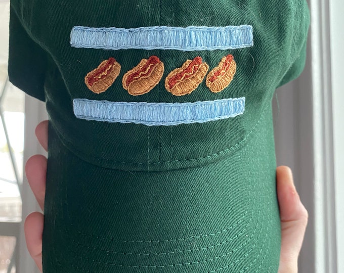 Hand Embroidered Chicago Flag Hotdog Hat (Unique Gift, Windy City Lover, Gifts for Friends, Athletic Wear, Baseball Hat, Gifts for Him)