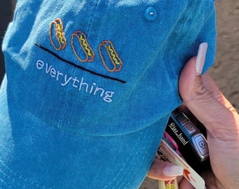 Hand Embroidered Hat - Hot Dogs Over Everything (Athletic Hat, Food Gifts, Gift for Friends, Hot Dog Lover, Baseball Hat, Sports Wear)