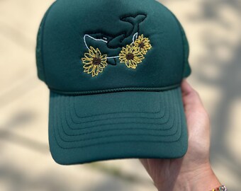 Hand Embroidered Trucker Hat - Orca Whale with Sunflowers (Gift for Her, Gift for Him, Flowers Embroidery, Ocean Animals, Trendy Hat)