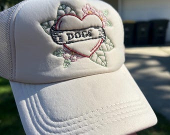 Hand Embroidered Hat - Tattoo Style Heart with Dog Banner and Florals (Dog Lover Gift, Gift for Dog Mom, Gift for Dog Dad, Athletic Hat)