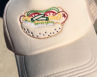Hand Embroidered Chicago Hot Dog Hat (Unique Gift, Windy City Lover, Gifts for Friends, Athletic Wear, Trucker Hat, Gifts for Him)