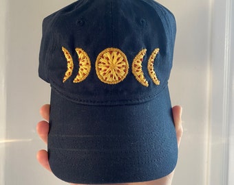 Hand Embroidered Hat - Pizza Moon Phase (Celestial Gift, Pizza Lover Gift, Pizza Party, Gift for Friend, Birthday Gift, Pepperoni Pizza)