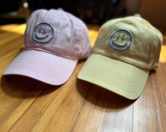 Hand Embroidered Hat - 3D Smiley Face (Happy Face, Gift for Her, Gift for Kids, Unique Gift, Athletic Wear, Baseball Hat, Textured Hat)