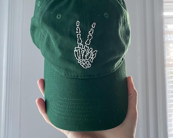 Hand Embroidered Hat - Glow in the Dark Peace Sign Skeleton Hand (Spooky Season, Halloween Art, Gift for Friend, Fall Season, Athletic Wear)