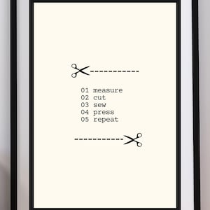 Op de afbeelding: Een ingelijste print met een crèmekleurige achtergrond en zwarte tekst. De tekst luidt "01 meten, 02 knippen, 03 naaien, 04 persen, 05 herhalen" met schaarillustraties erboven en eronder. De lijst is zwart.