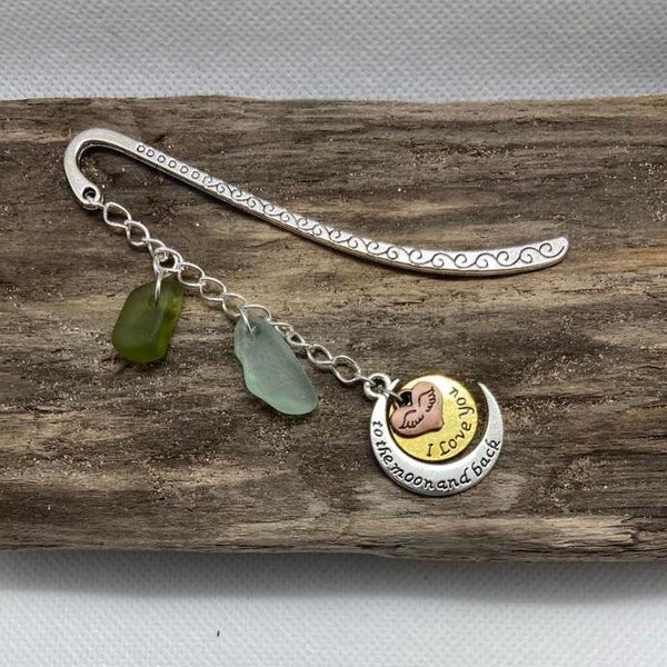 Love You to the Moon and Back' Book marks made with Northumbrian Sea Glass Charms – Unveil Enchantment Within Your Pages!