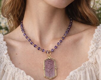 Amethyst Beaded Necklace with Floral Pendant, Purple Gemstone Necklace, Cottagecore Jewelry, Boho Gift for Her