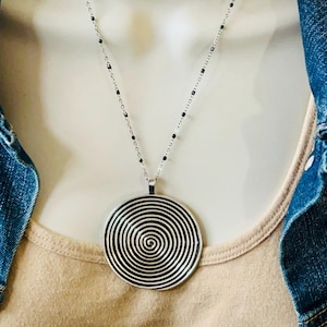 Circle Spiral Pendant Necklace, Womens Boho Hippie Statement Necklace