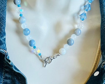 Collar de ágata azul, collar de piedras preciosas con cuentas, joyería cottagecore, collar azul claro, regalo de collar de cuentas de cristal hecho a mano