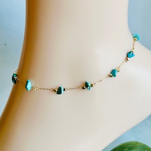 Turquoise Chip Gold Chain Anklet , Women&#39;s Simple Gold Gemstone Everyday Anklet