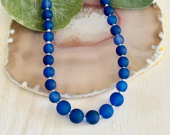 Blue Graduated Beaded Necklace, Womens Boho Hippie Necklace