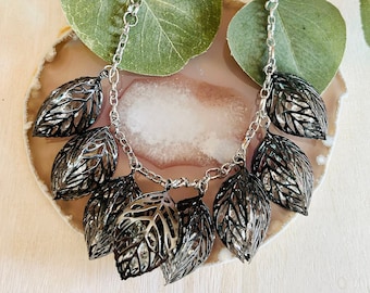 Leaf And Rhinestone Necklace, Women’s Gunmetal Necklace
