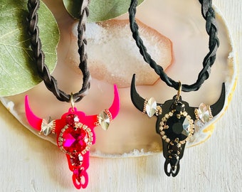 Western Bull Skull Necklace, Rhinestone Cow Skull Pendant, Boho Cowgirl Jewelry, Braided Leather Necklace, Western Statement Necklace