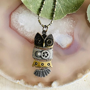 Womens Steampunk Owl Necklace, Womens Bronze And Silver Necklace