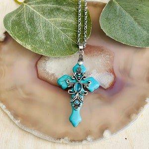 Collar con cruz turquesa del suroeste, collar religioso de bautismo para mujer
