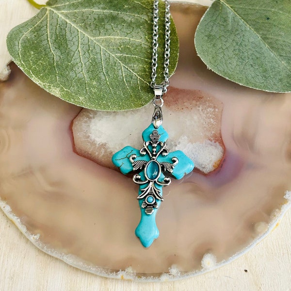 Southwestern Turquoise Cross Necklace, Women’s Religious Baptism Necklace