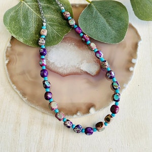 Imperial Jasper Beaded Necklace, Women’s Gemstone Boho Hippie Purple And Blue Necklace