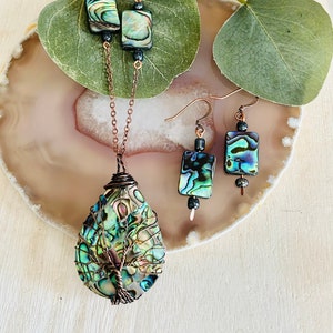 Shell Wire Wrapped Tree Pendant And Shell Earrings Set, Women’s Copper And Shell Necklace