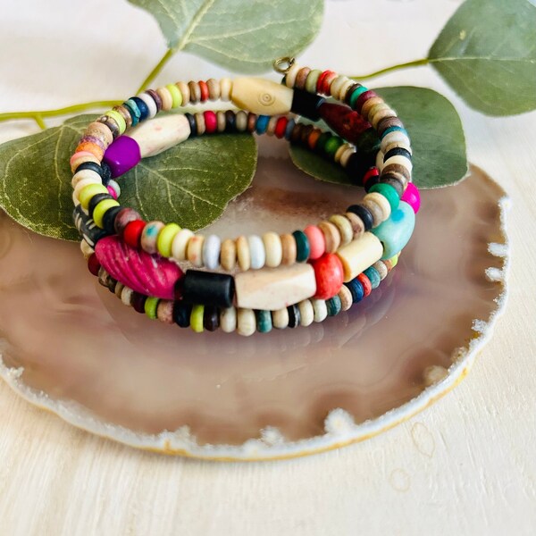 Wood Bead Bracelet , Womens Boho Hippie Memory Wire Bracelet