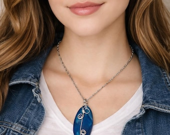 Blue Agate Wire Wrapped Necklace, Boho Gemstone Pendant Necklace, Silver Wire Jewelry, Nature Inspired Gift for Her