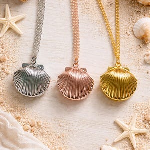 May include: Three seashell pendant necklaces in silver, rose gold, and gold. The necklaces are displayed on a sandy surface with starfish, shells, and a woven basket. The pendants are detailed with ribbed textures.