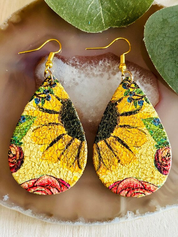 Sunflower Earrings for Women Leather Teardrop Dangle Drop Jewelry Outfits Faux Leather Earrings For Women - Leopard & Sunflower  main image 3