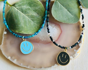 Beaded Smiley Face Charm Necklace, Kids Boho Hippie Happy Necklace