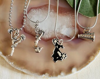 Cheerleader Charm Necklace – Silver Cheer Jewelry – Cheer Team Gift – Spirit Squad Necklace – Cheer Coach Gift – Pom Pom Charm Necklace