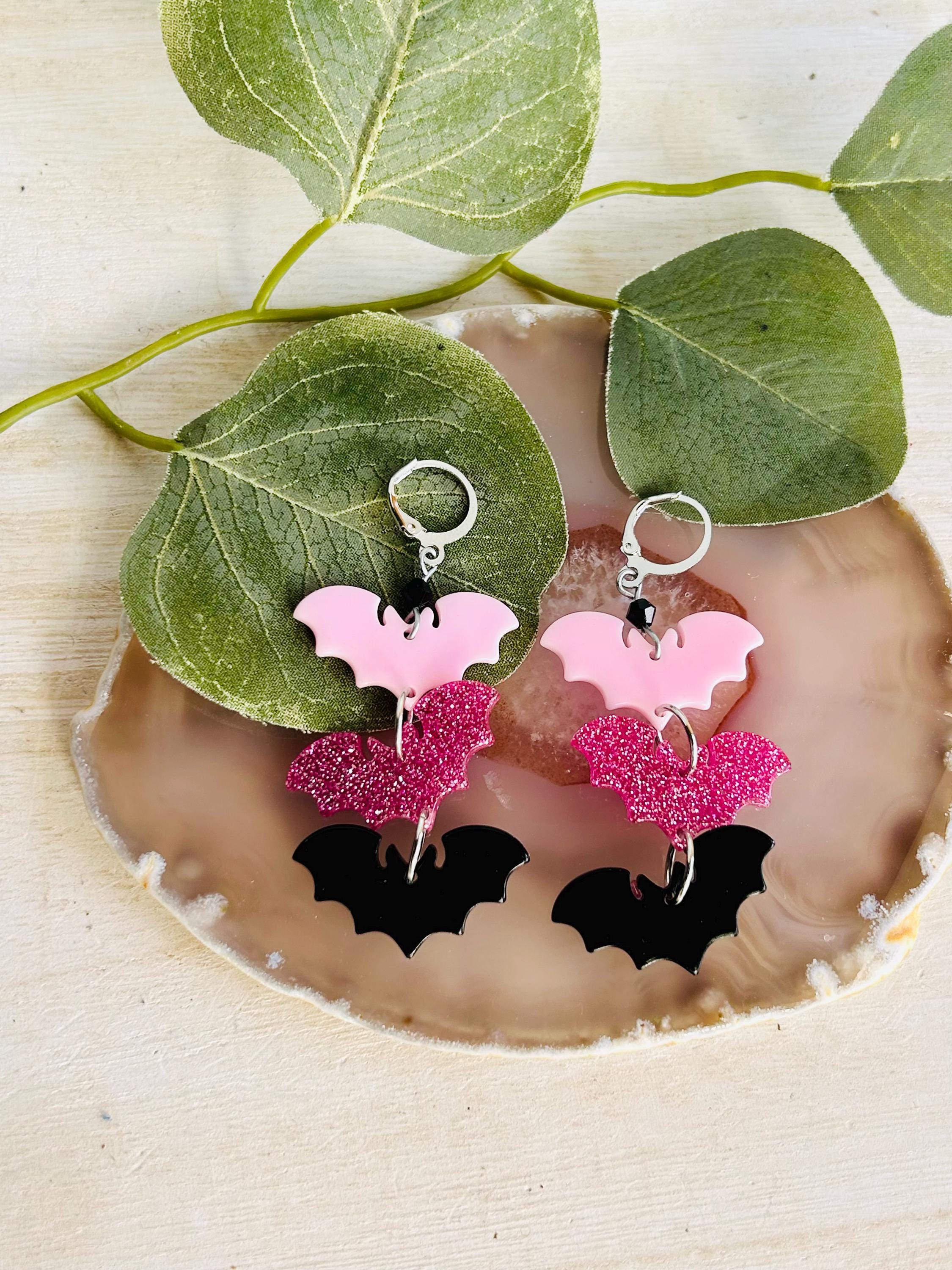 2 Paia Carini Orecchini a Pendente Halloween, Acrilico Pipistrello