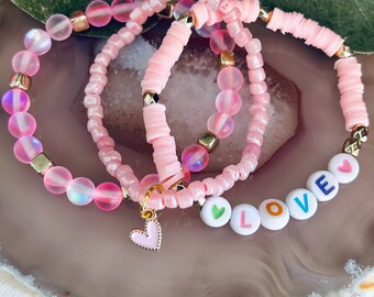 Kids 3 Pack Love Stretch Bracelet , Girls Beaded Valentine Bracelet