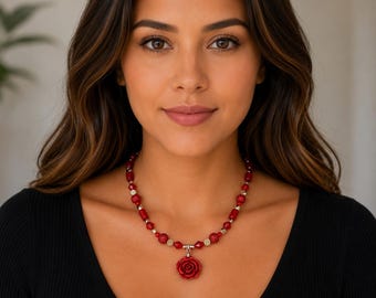 Red Rose Necklace for Women, Red Beaded Statement Necklace, Floral Pendant Jewelry, Romantic Boho Necklace, Rose Jewelry Gift
